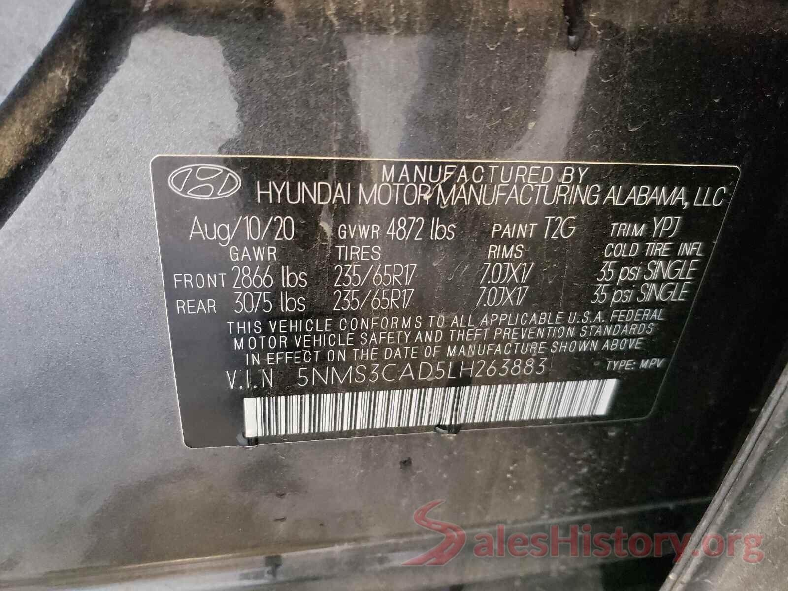 5NMS3CAD5LH263883 2020 HYUNDAI SANTA FE