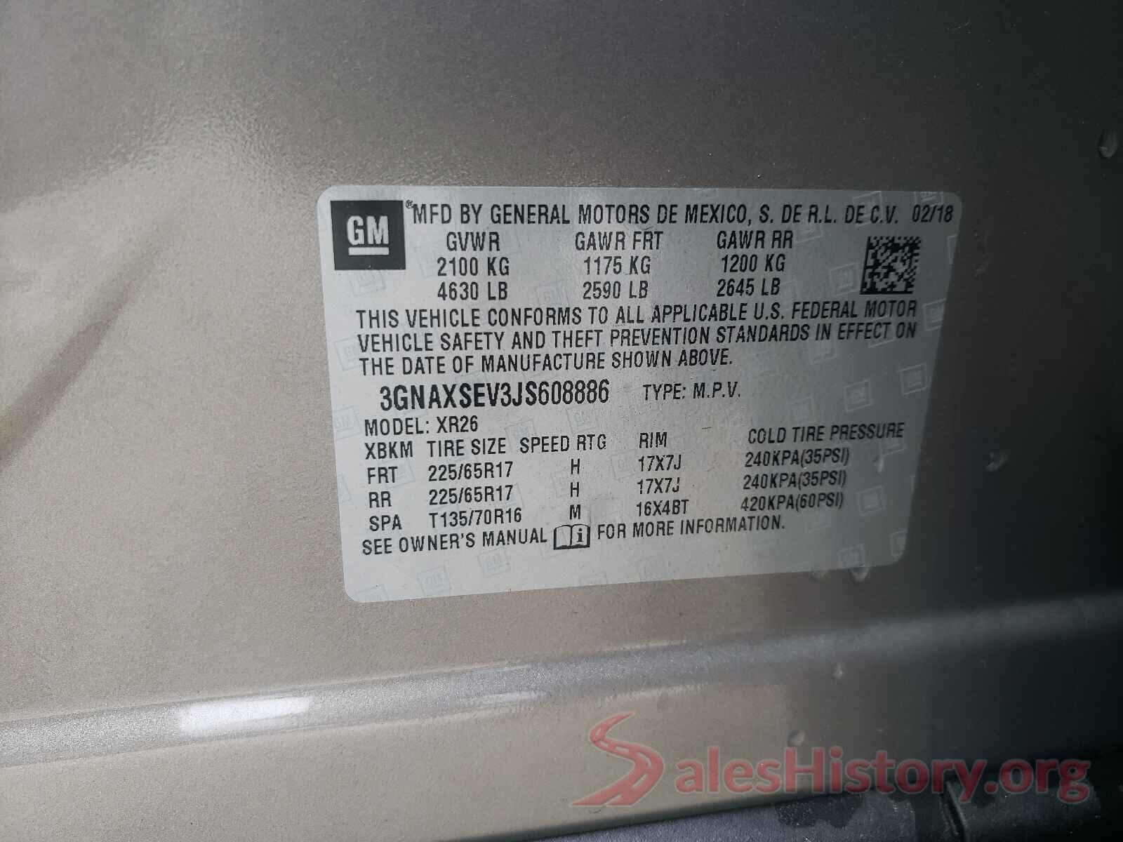 3GNAXSEV3JS608886 2018 CHEVROLET EQUINOX