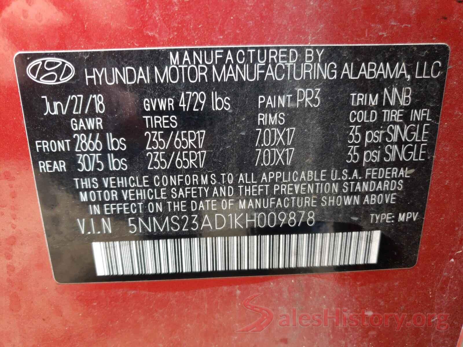 5NMS23AD1KH009878 2019 HYUNDAI SANTA FE