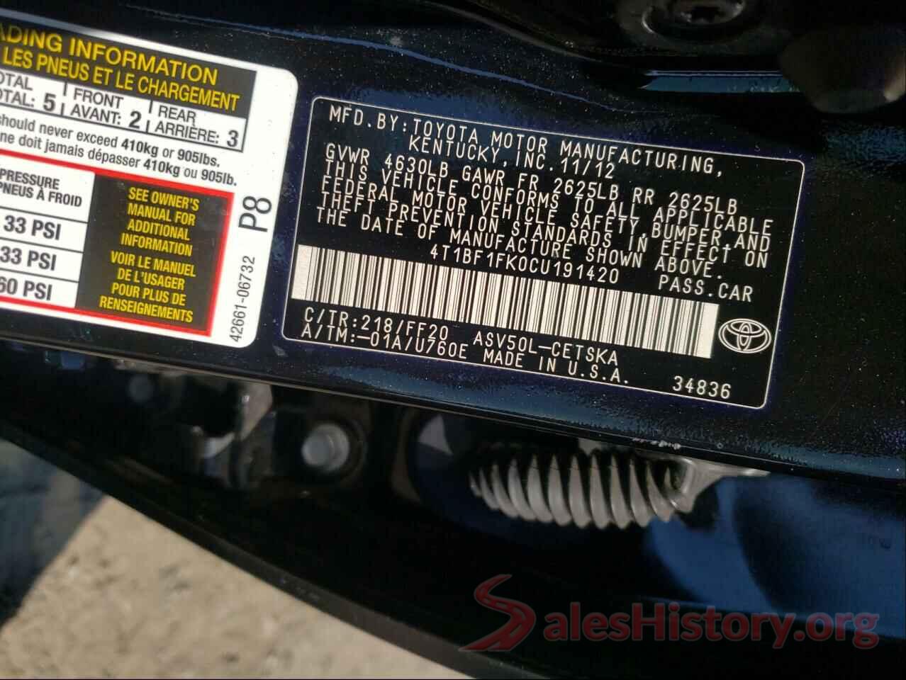 4T1BF1FK0CU191420 2012 TOYOTA CAMRY