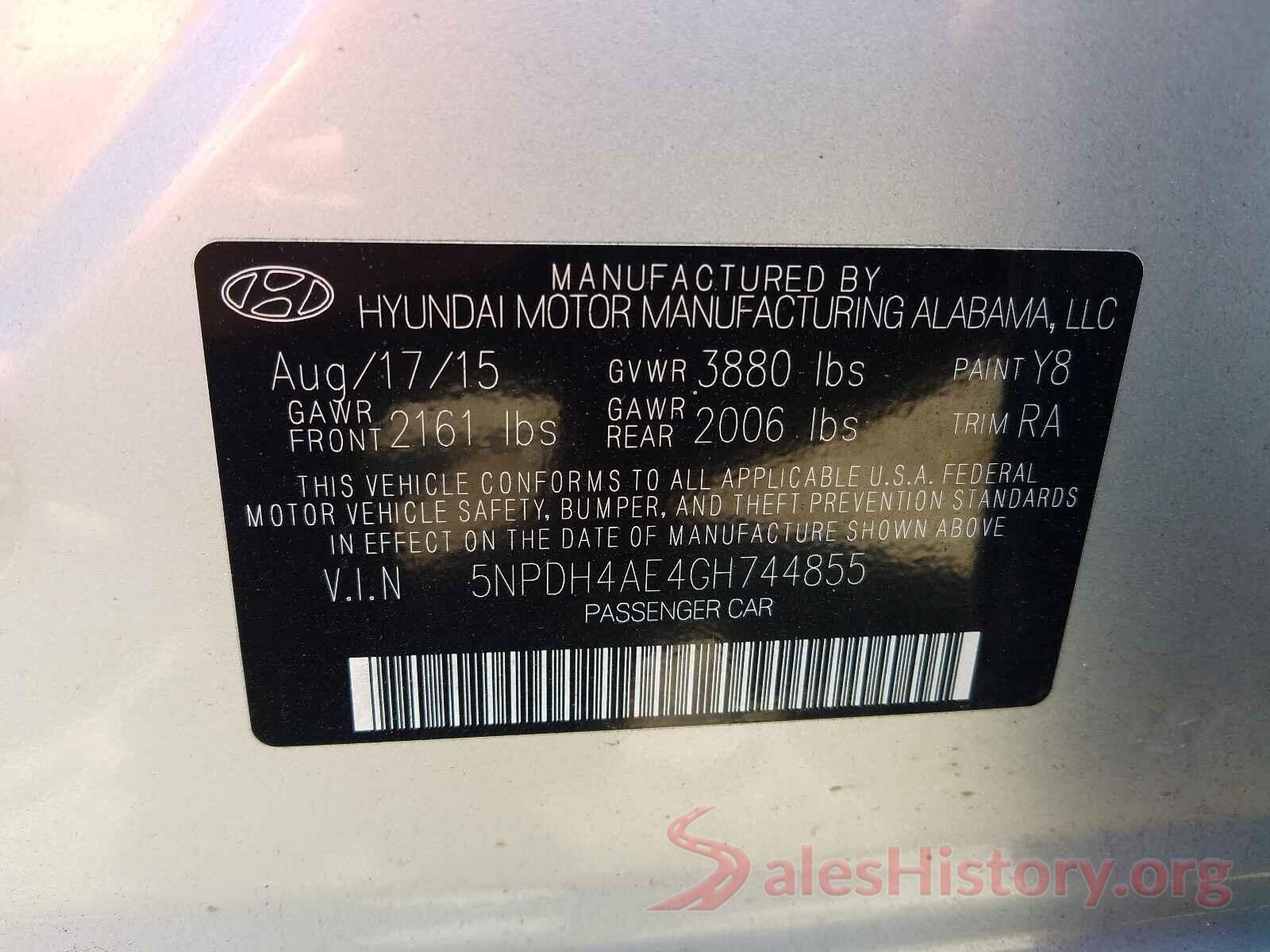 5NPDH4AE4GH744855 2016 HYUNDAI ELANTRA