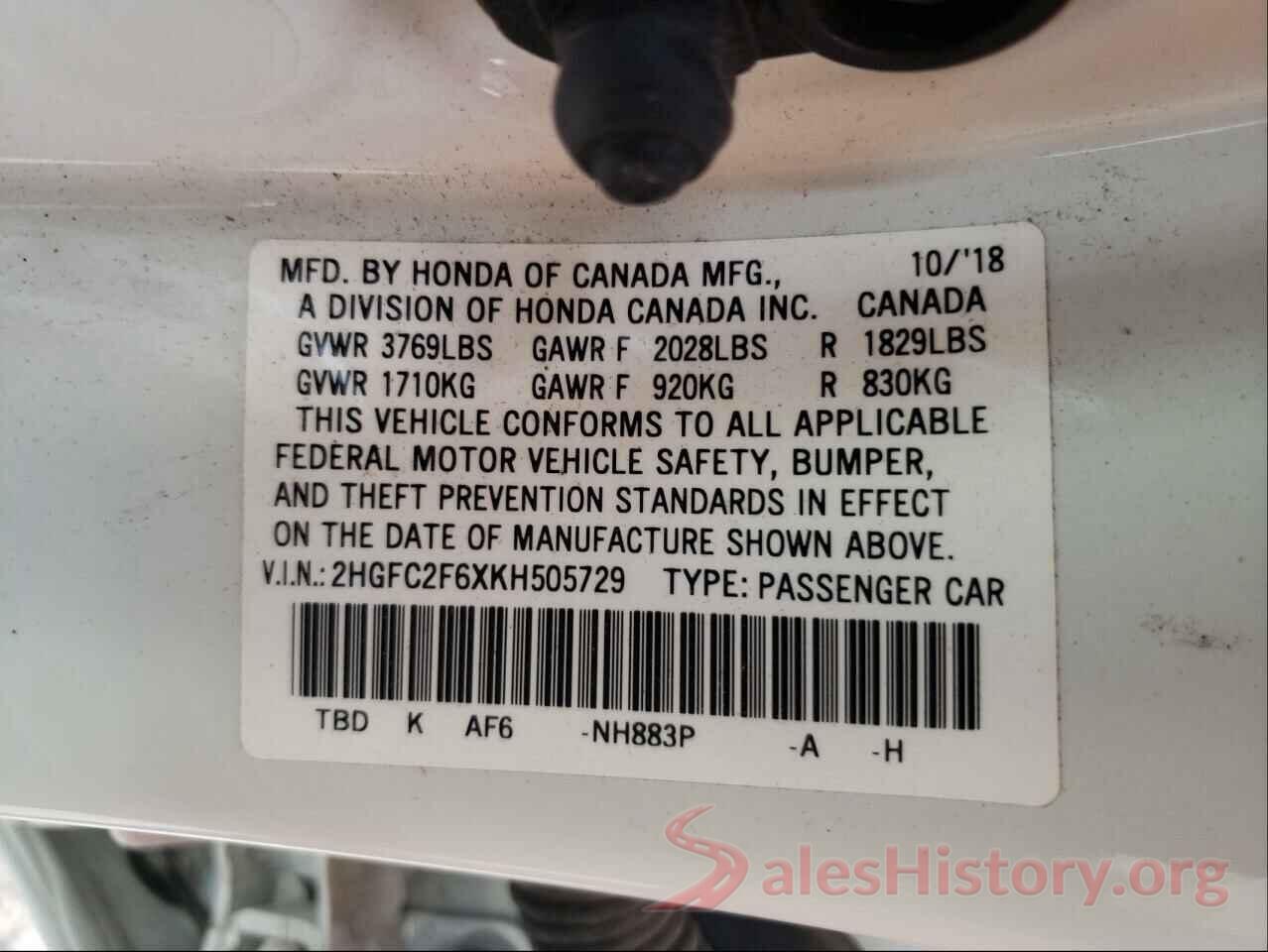 2HGFC2F6XKH505729 2019 HONDA CIVIC