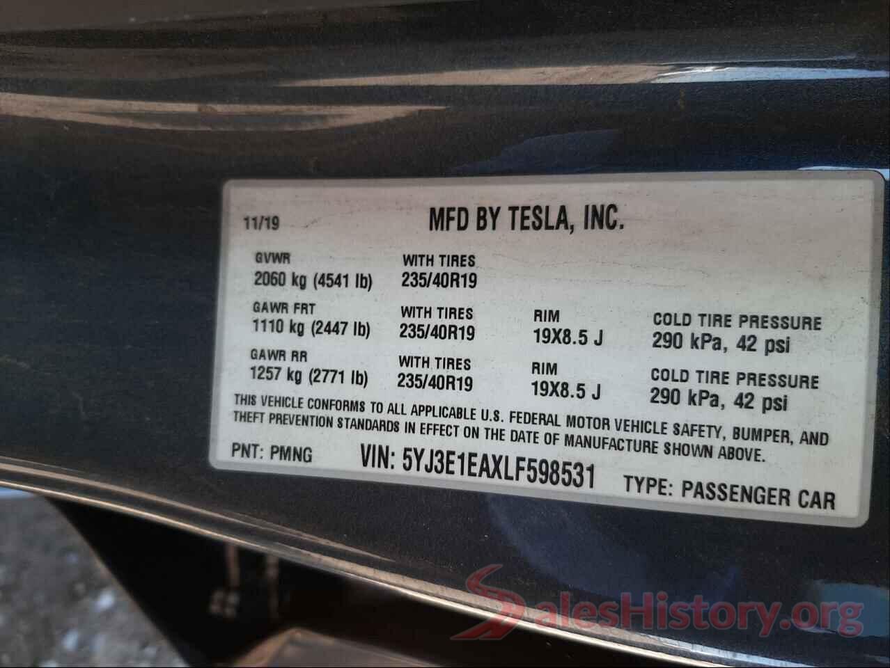 5YJ3E1EAXLF598531 2020 TESLA MODEL 3