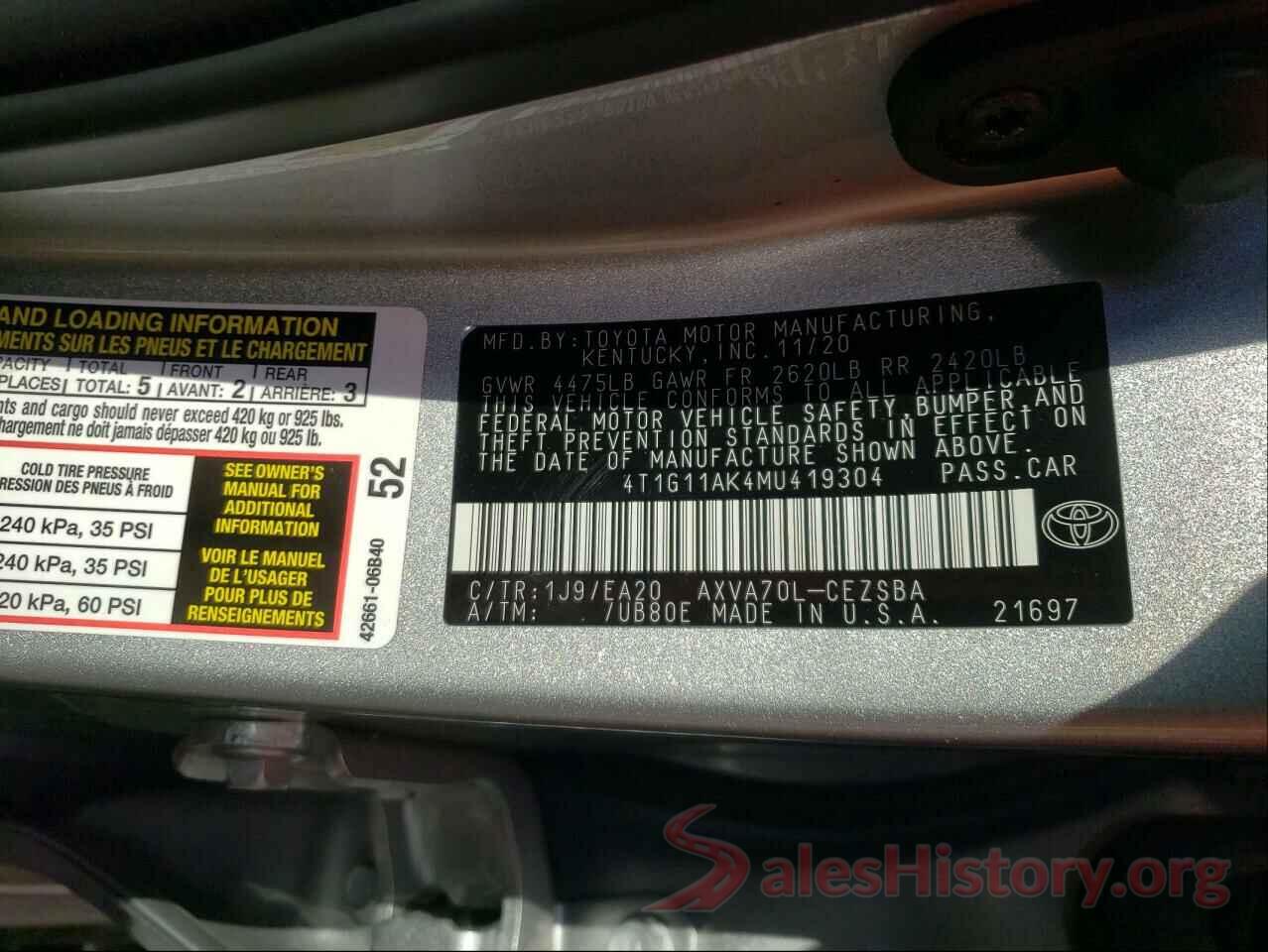 4T1G11AK4MU419304 2021 TOYOTA CAMRY