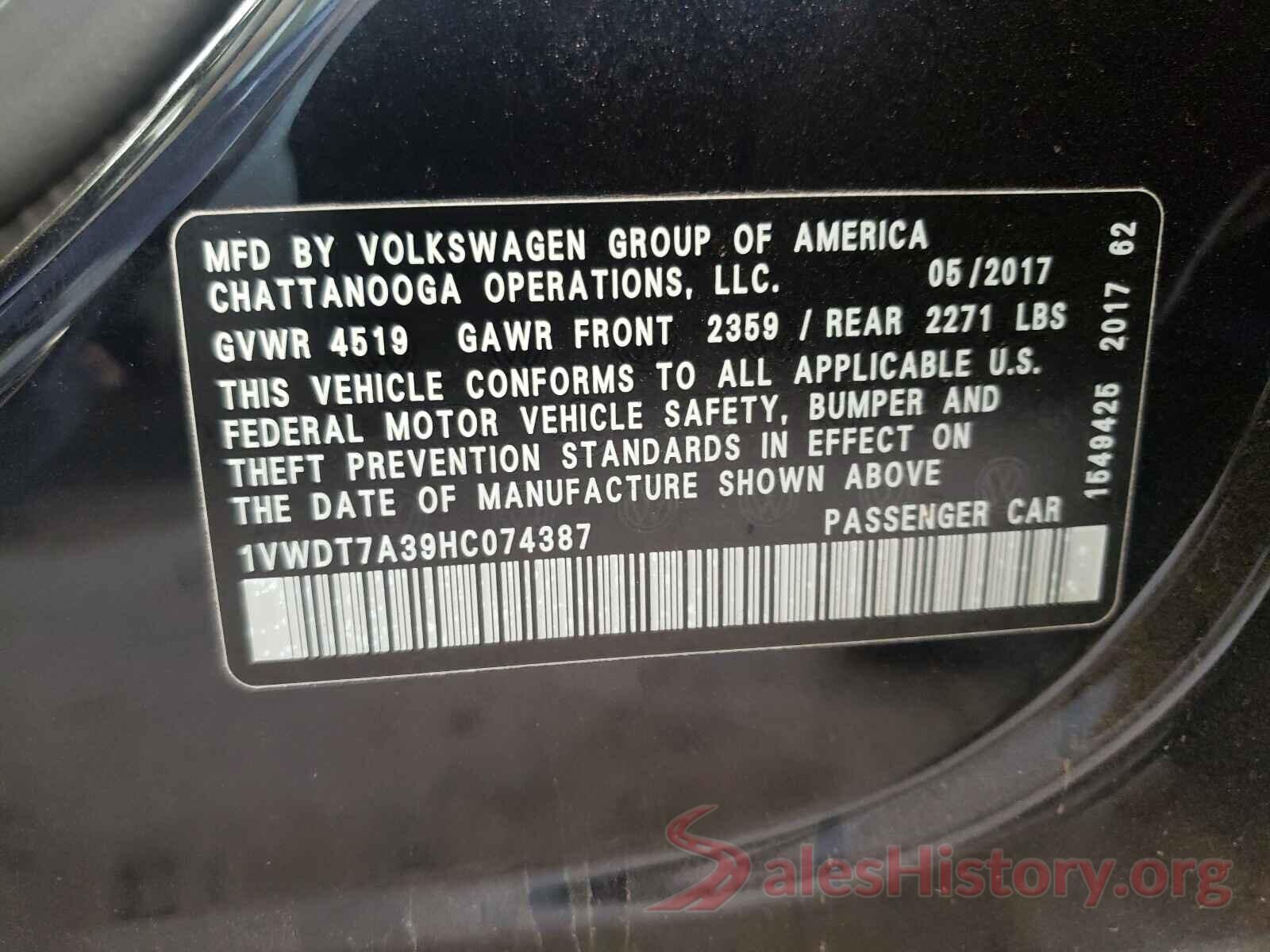 1VWDT7A39HC074387 2017 VOLKSWAGEN PASSAT