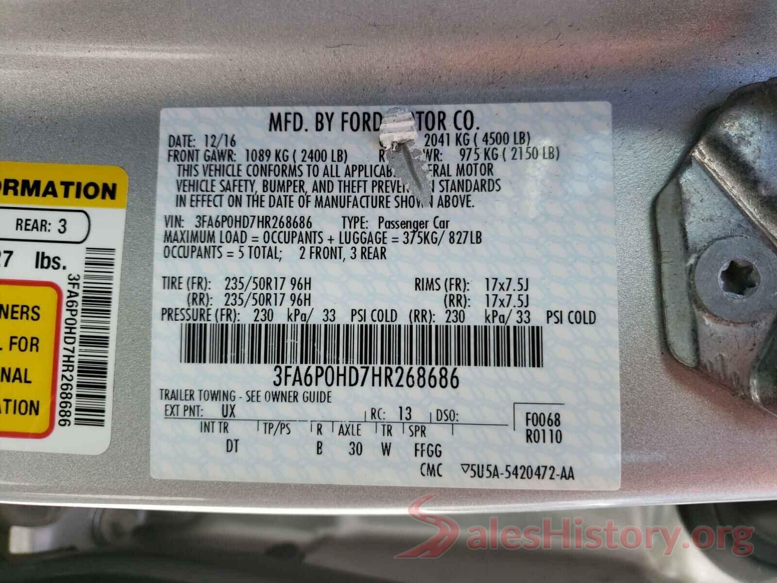 3FA6P0HD7HR268686 2017 FORD FUSION