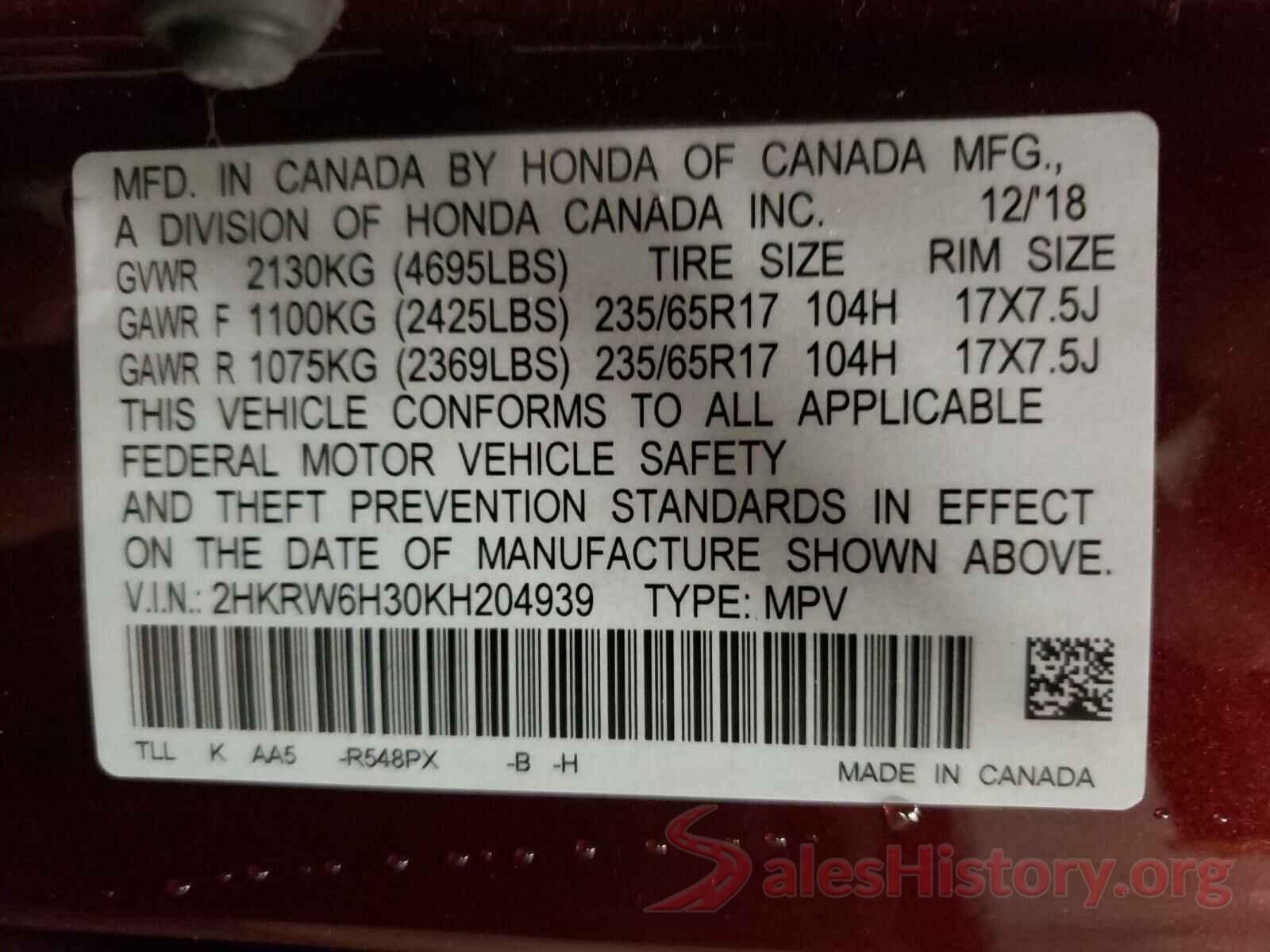 2HKRW6H30KH204939 2019 HONDA CRV