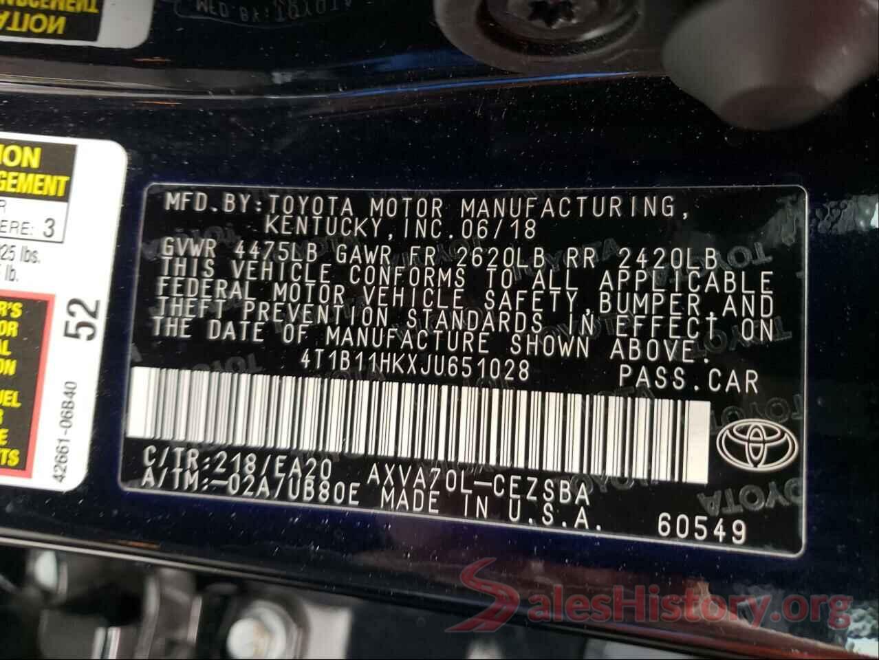 4T1B11HKXJU651028 2018 TOYOTA CAMRY