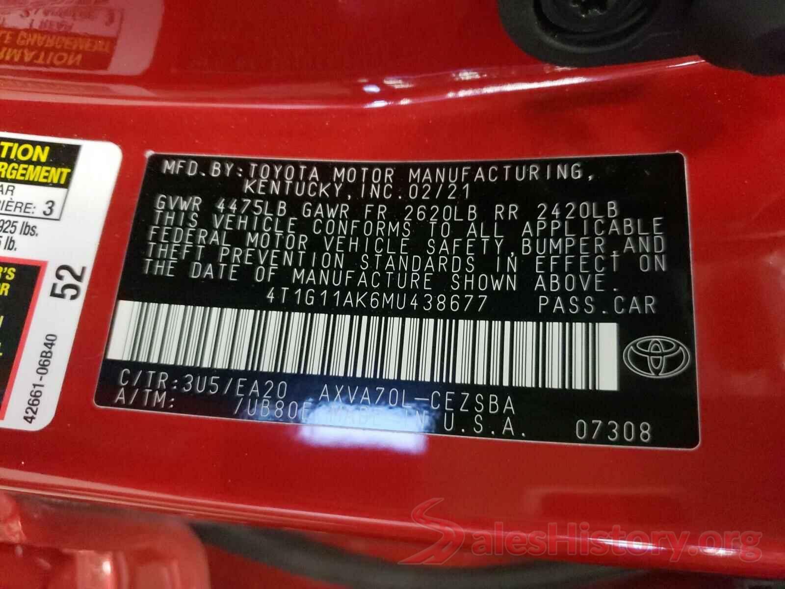 4T1G11AK6MU438677 2021 TOYOTA CAMRY