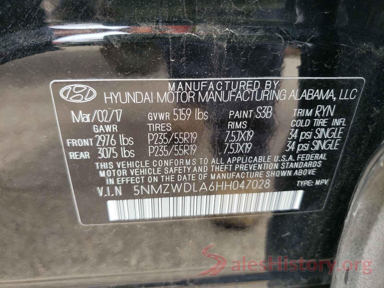 5NMZWDLA6HH047028 2017 HYUNDAI SANTA FE