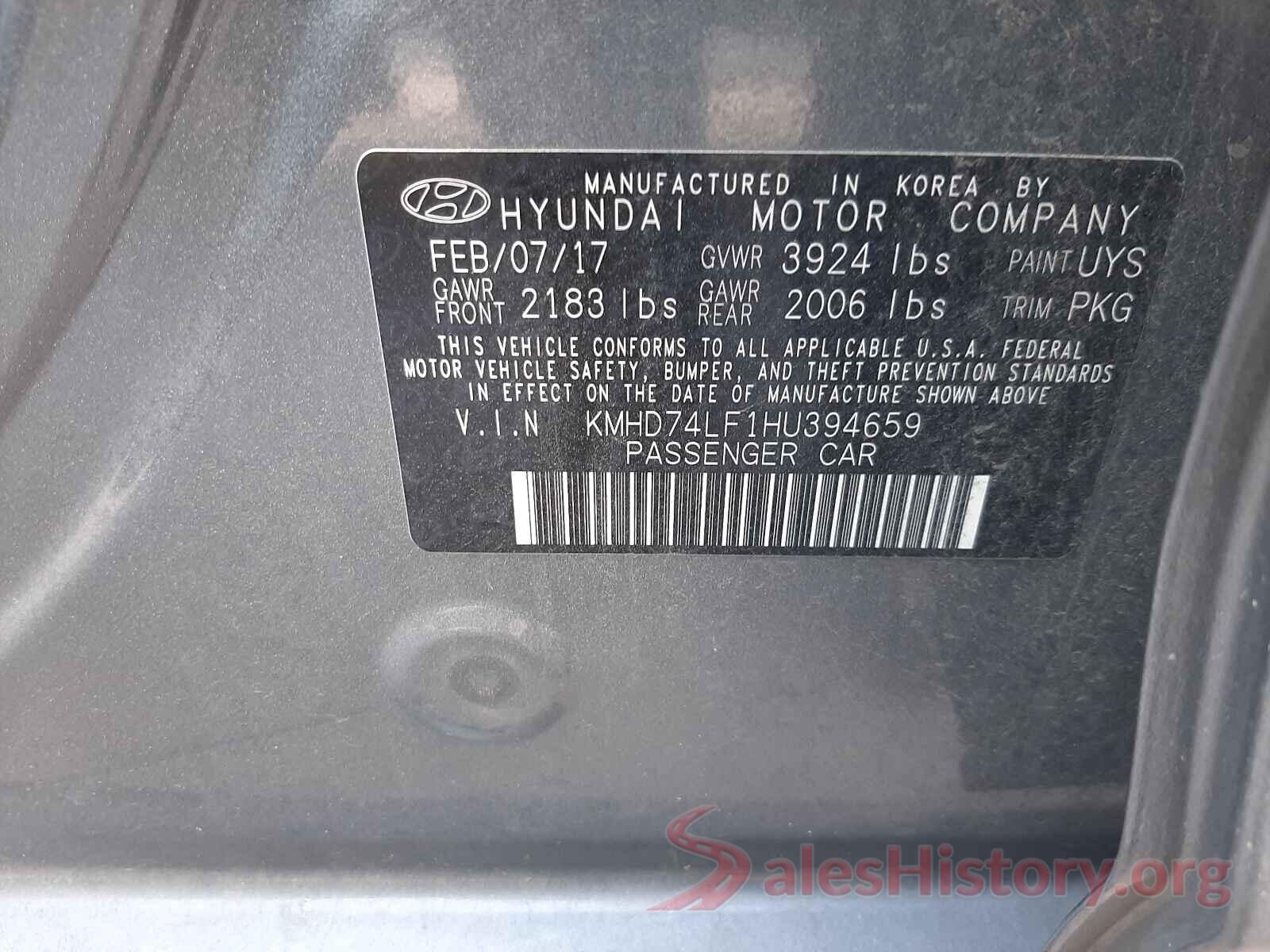 KMHD74LF1HU394659 2017 HYUNDAI ELANTRA