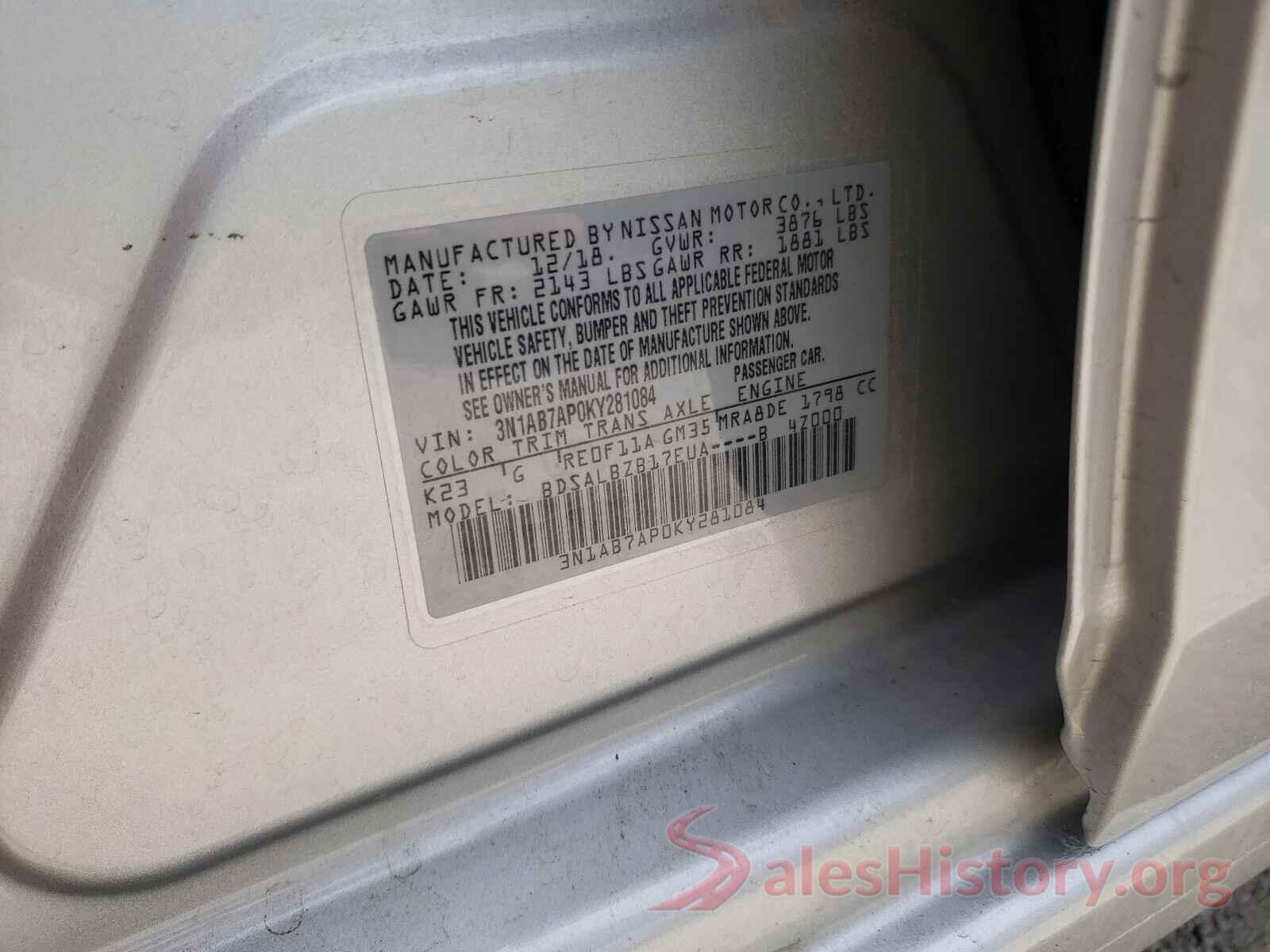 3N1AB7AP0KY281084 2019 NISSAN SENTRA