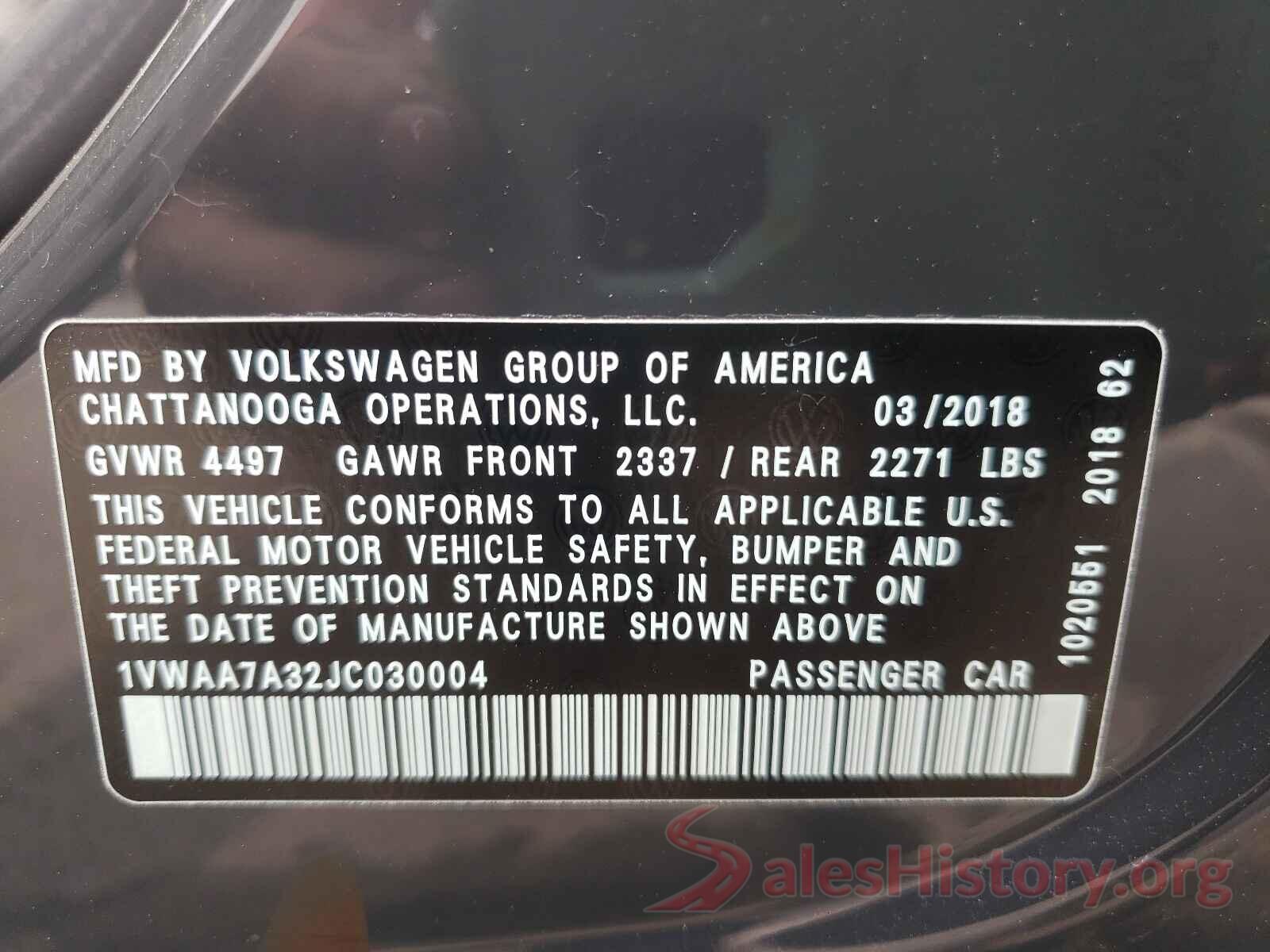 1VWAA7A32JC030004 2018 VOLKSWAGEN PASSAT