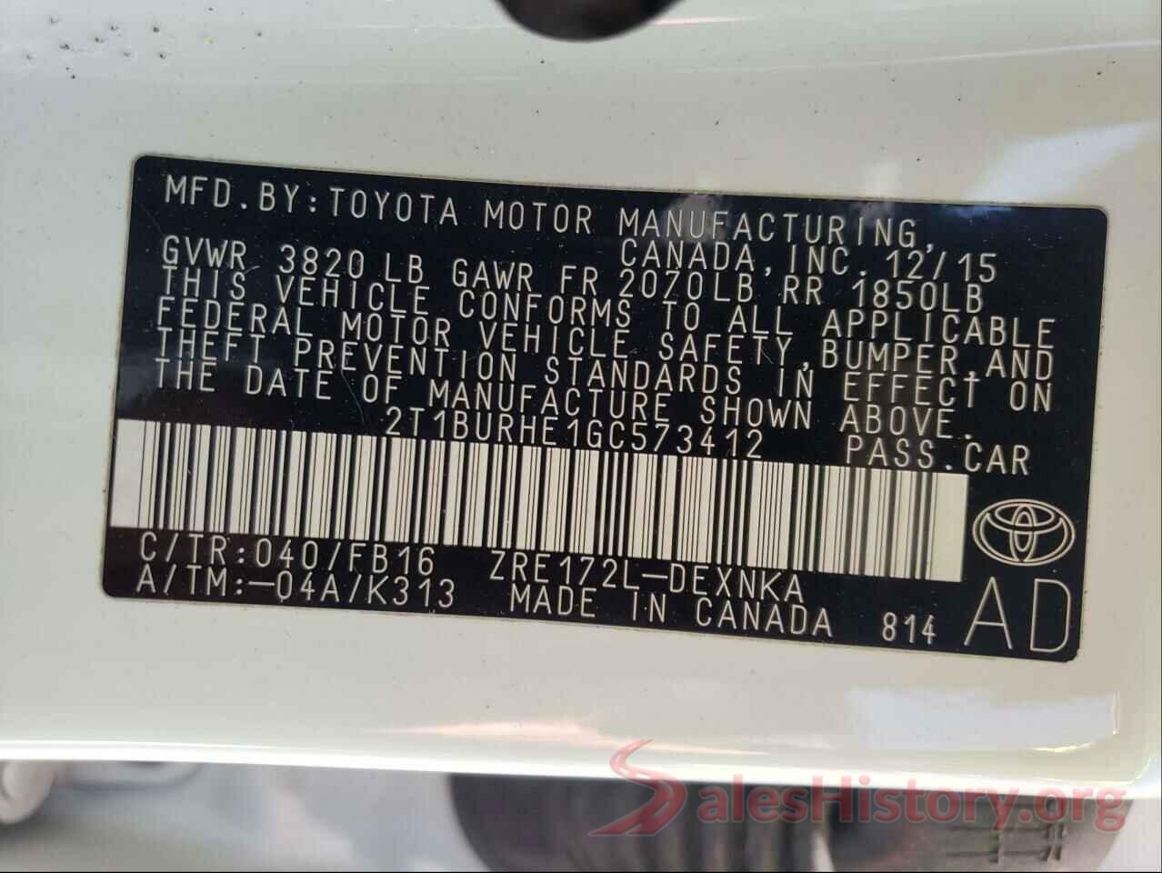 2T1BURHE1GC573412 2016 TOYOTA COROLLA