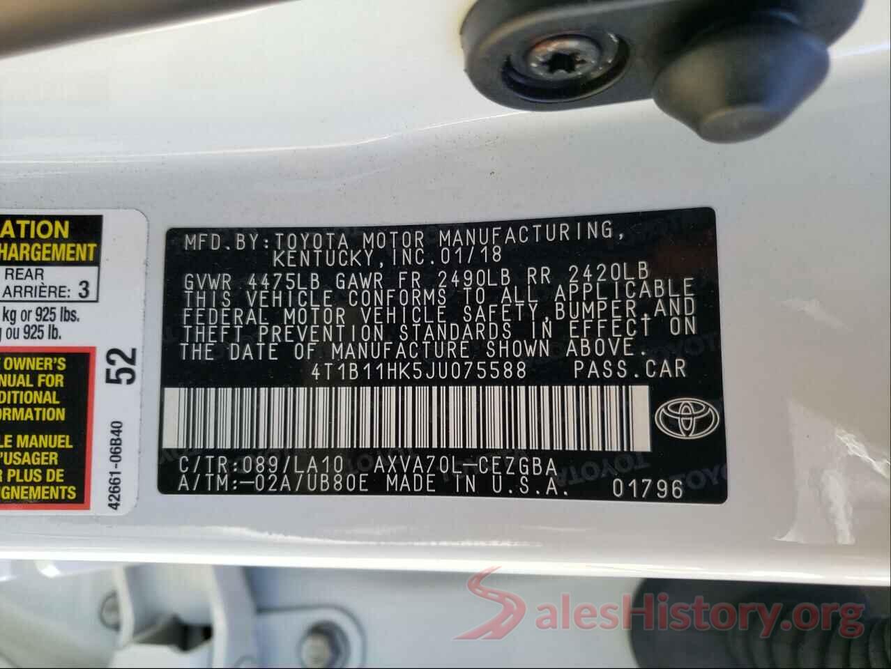 4T1B11HK5JU075588 2018 TOYOTA CAMRY