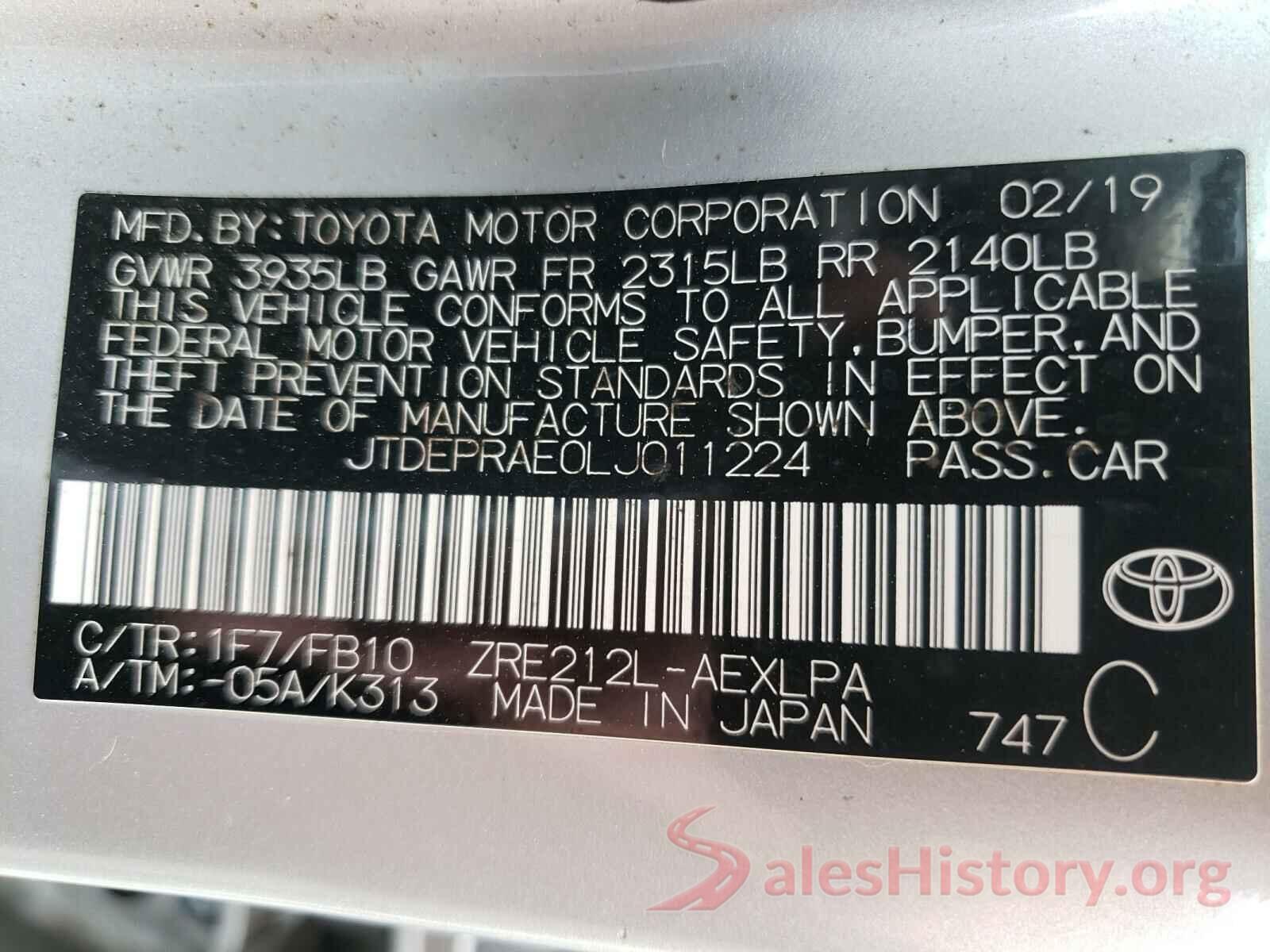 JTDEPRAE0LJ011224 2020 TOYOTA COROLLA