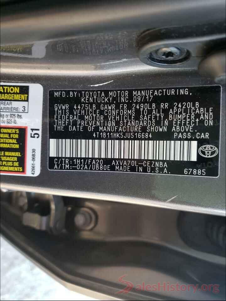 4T1B11HK5JU516684 2018 TOYOTA CAMRY