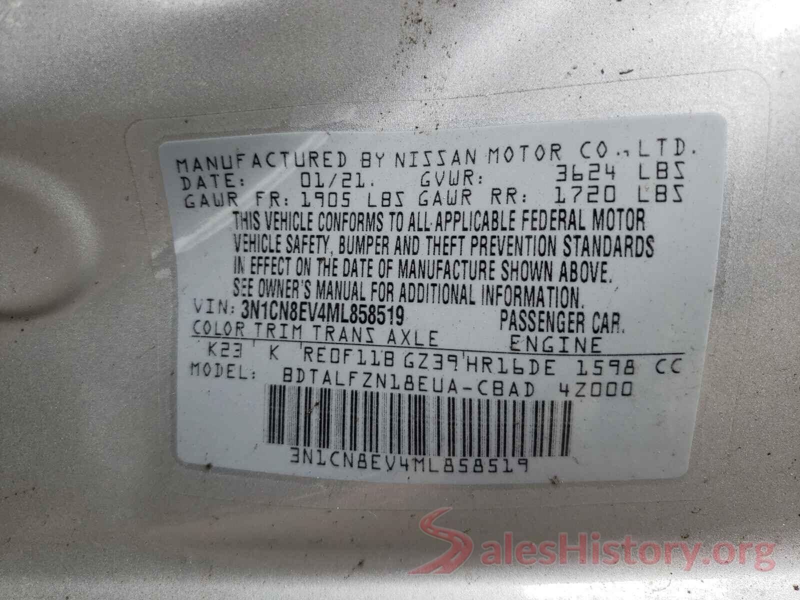 3N1CN8EV4ML858519 2021 NISSAN VERSA