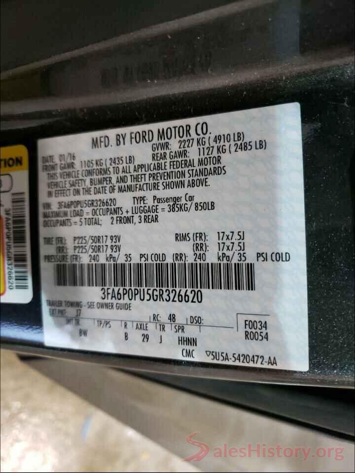 3FA6P0PU5GR326620 2016 FORD FUSION