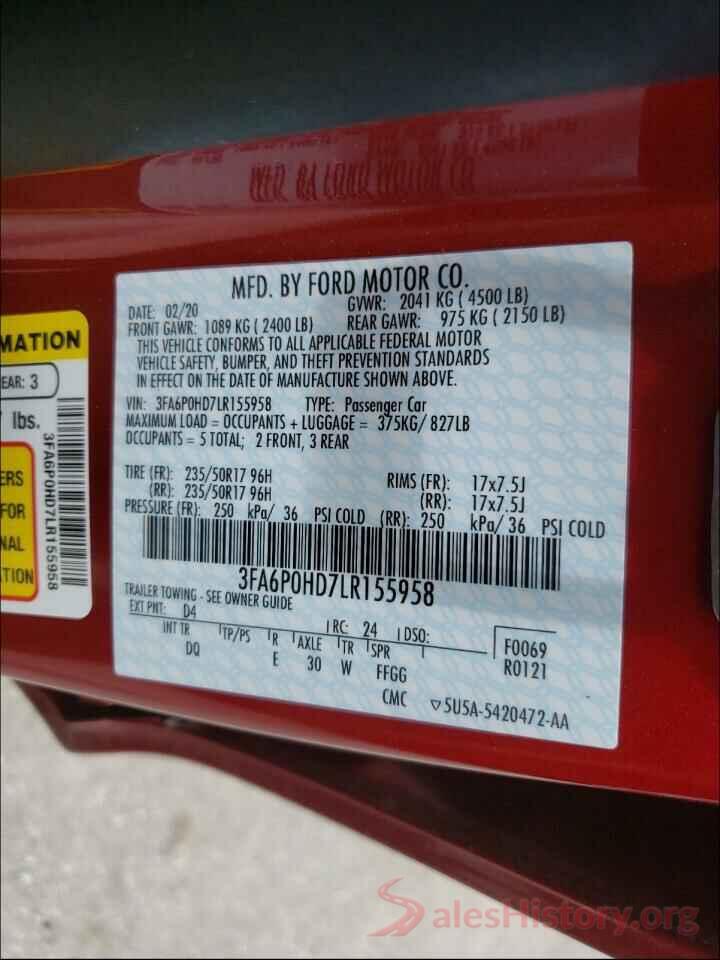 3FA6P0HD7LR155958 2020 FORD FUSION