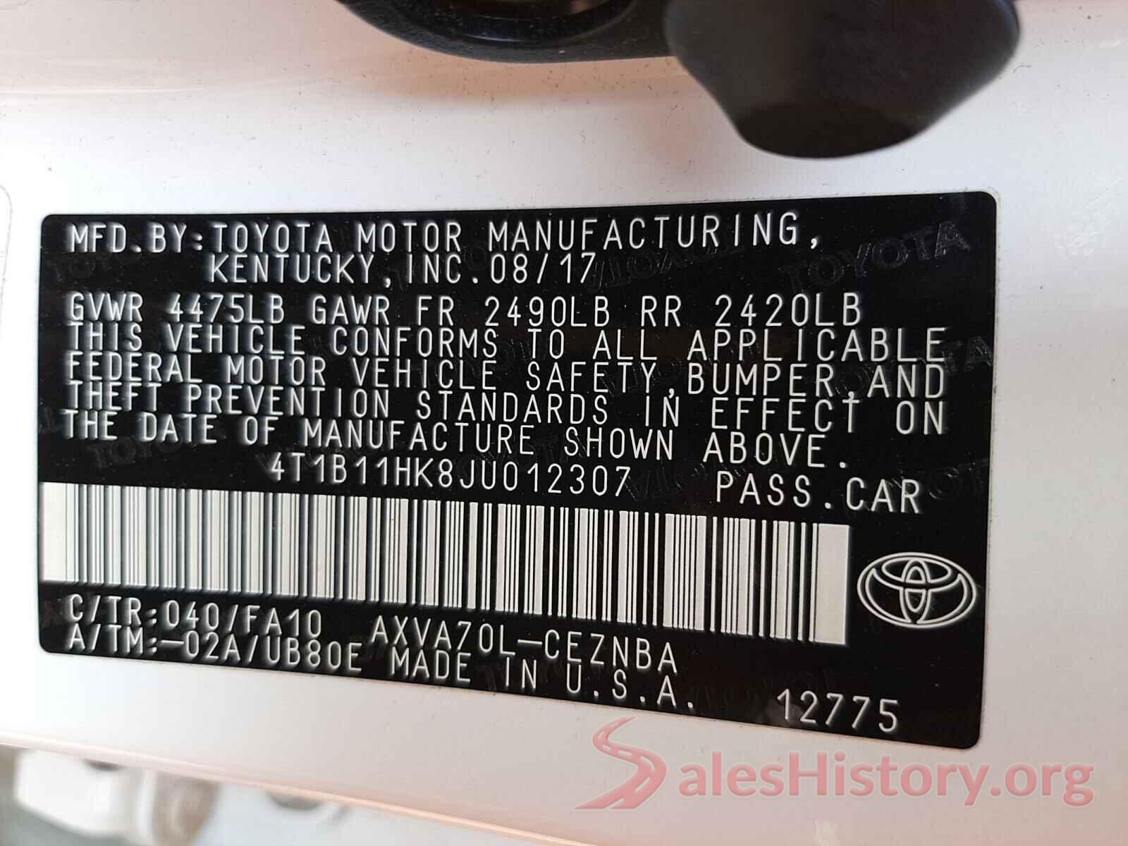 4T1B11HK8JU012307 2018 TOYOTA CAMRY