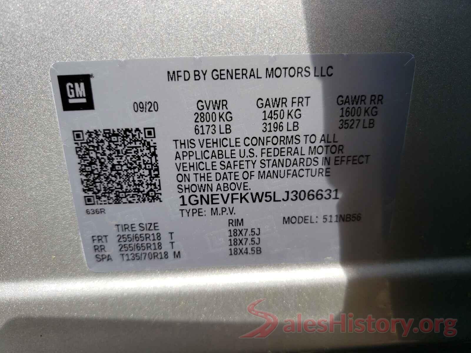 1GNEVFKW5LJ306631 2020 CHEVROLET TRAVERSE