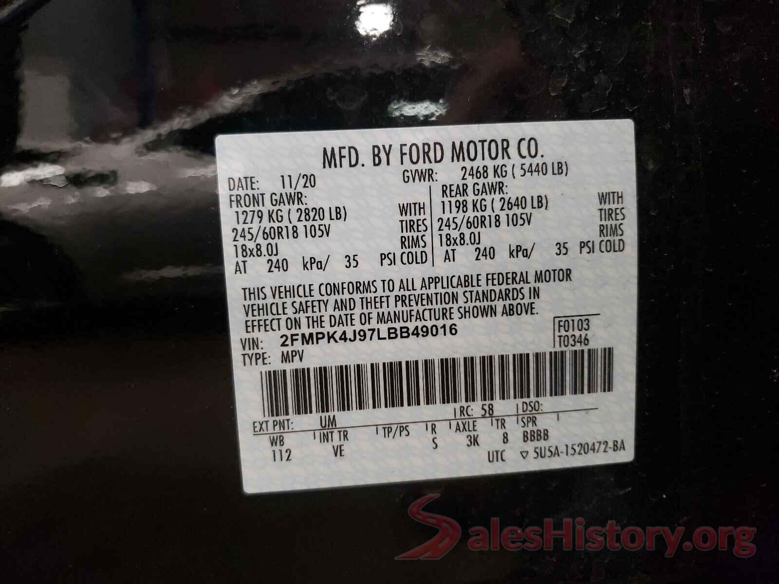 2FMPK4J97LBB49016 2020 FORD EDGE