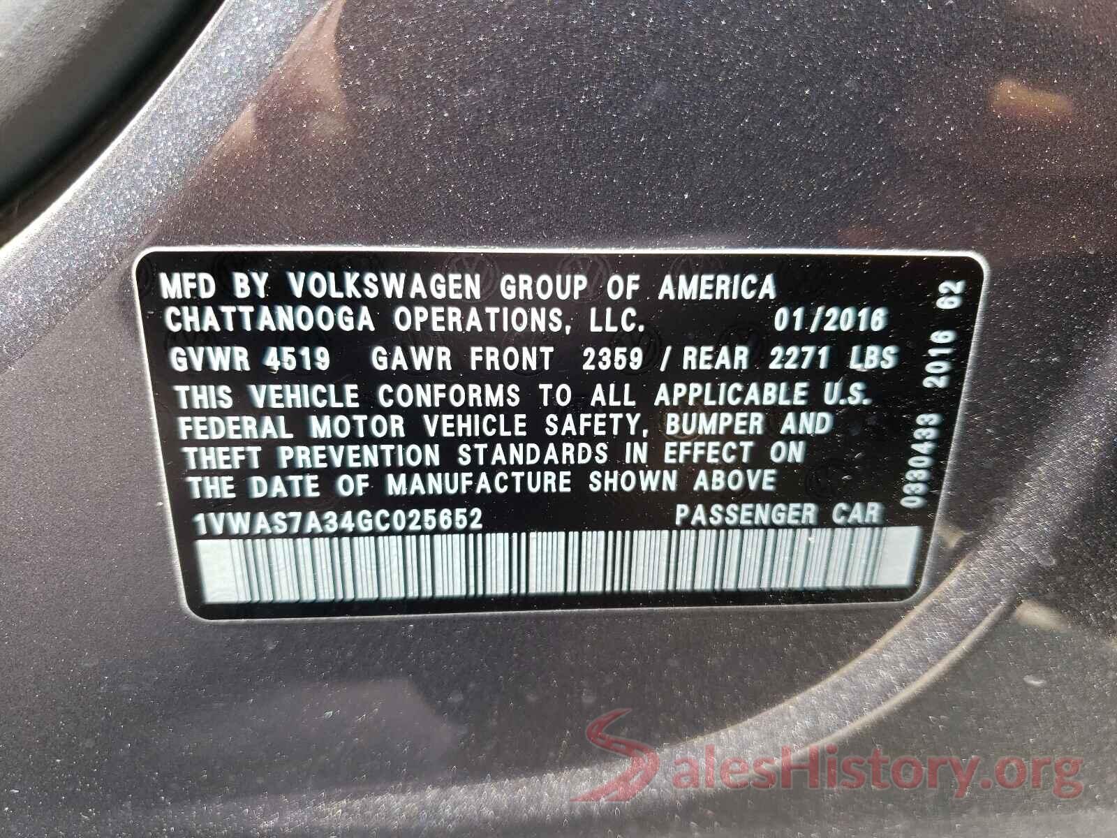 1VWAS7A34GC025652 2016 VOLKSWAGEN PASSAT