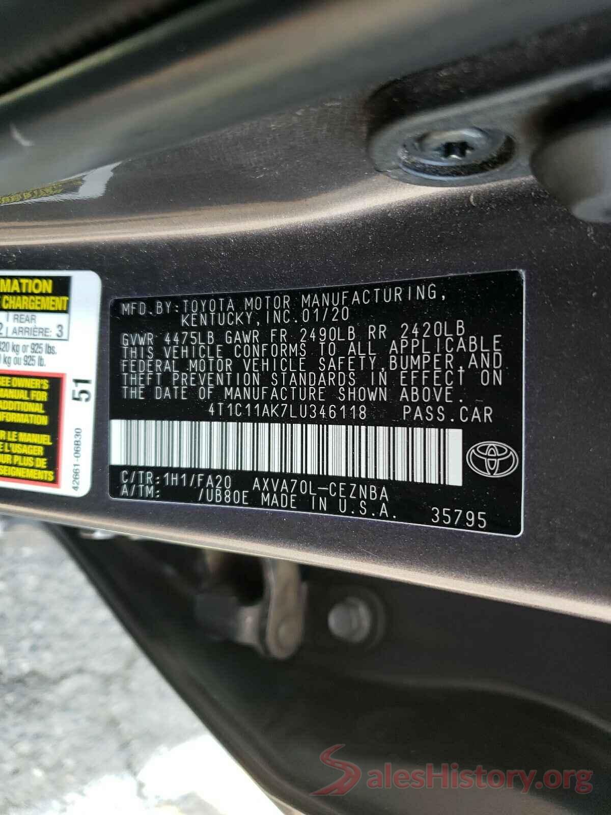 4T1C11AK7LU346118 2020 TOYOTA CAMRY