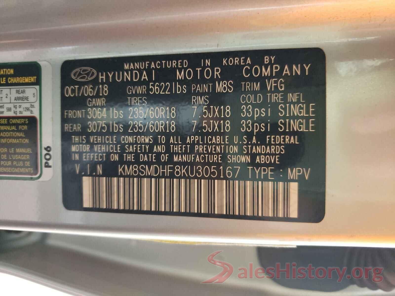 KM8SMDHF8KU305167 2019 HYUNDAI SANTA FE