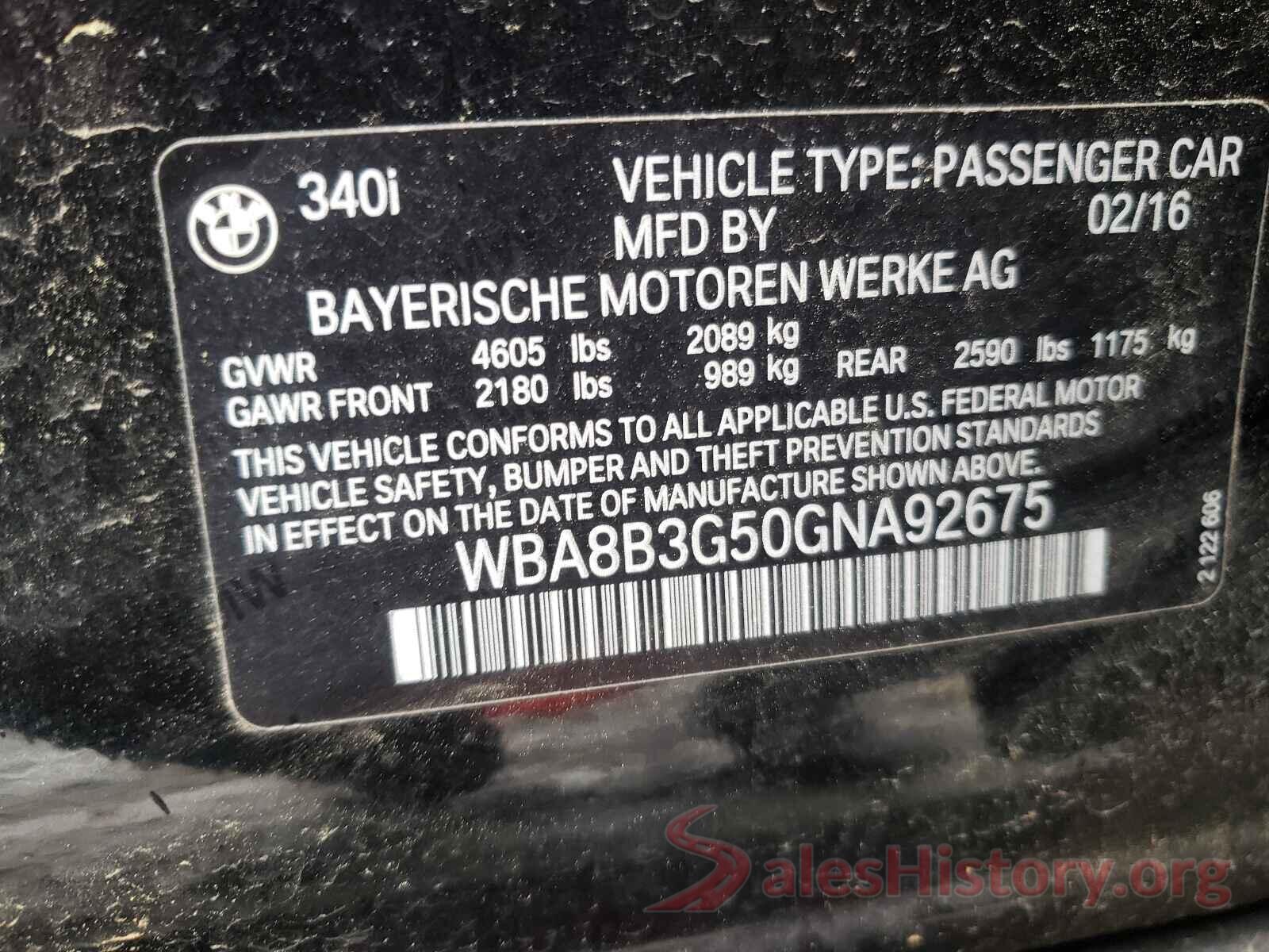 WBA8B3G50GNA92675 2016 BMW 3 SERIES