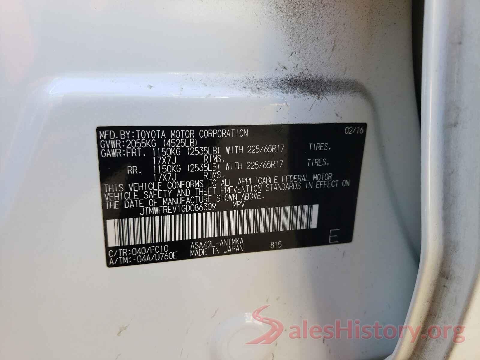 JTMWFREV1GD086309 2016 TOYOTA RAV4