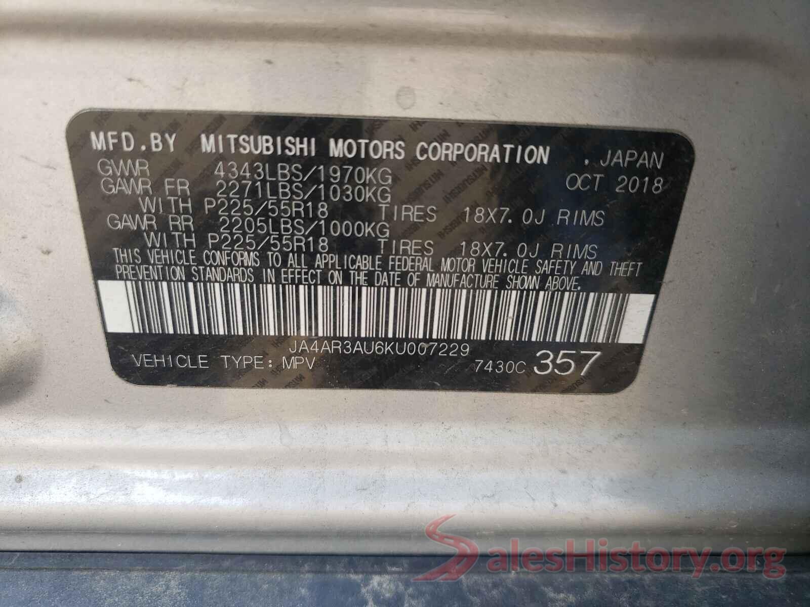 JA4AR3AU6KU007229 2019 MITSUBISHI OUTLANDER