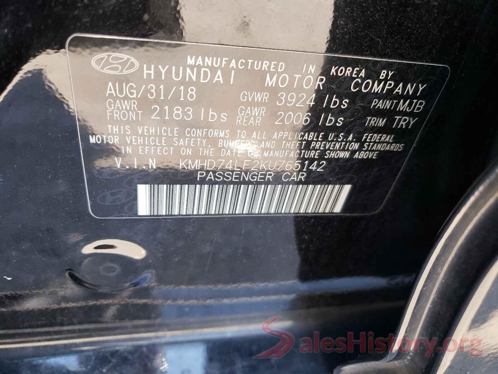 KMHD74LF2KU765142 2019 HYUNDAI ELANTRA