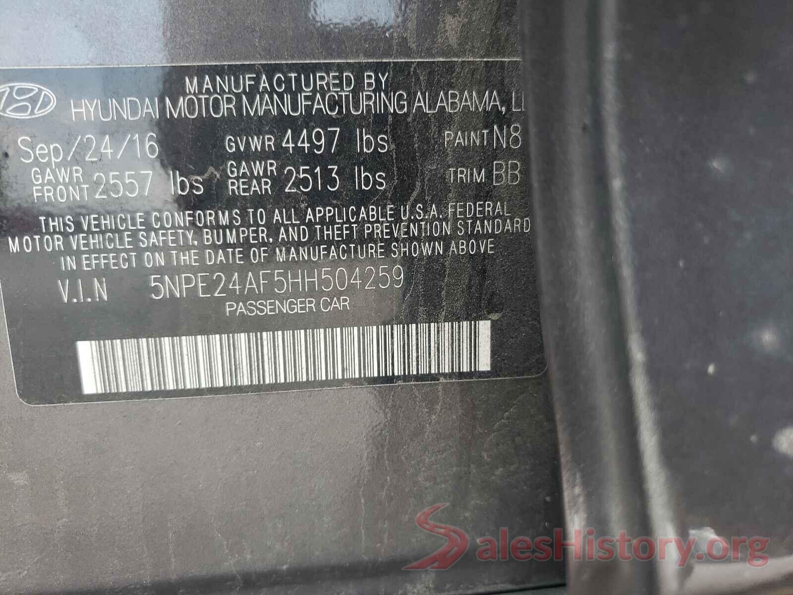 5NPE24AF5HH504259 2017 HYUNDAI SONATA