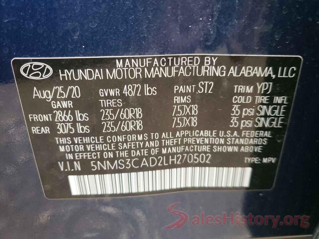 5NMS3CAD2LH270502 2020 HYUNDAI SANTA FE