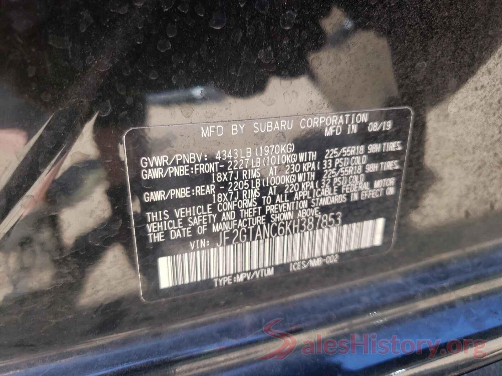 JF2GTANC6KH387853 2019 SUBARU CROSSTREK