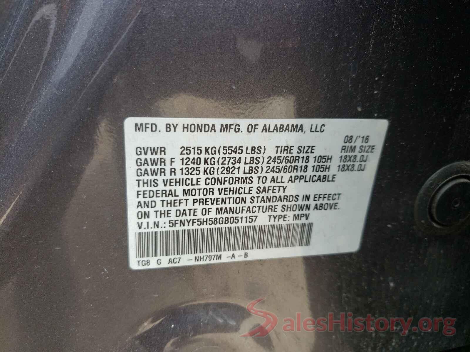 5FNYF5H58GB051157 2016 HONDA PILOT