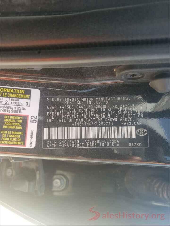 4T1B11HK7KU292741 2019 TOYOTA CAMRY