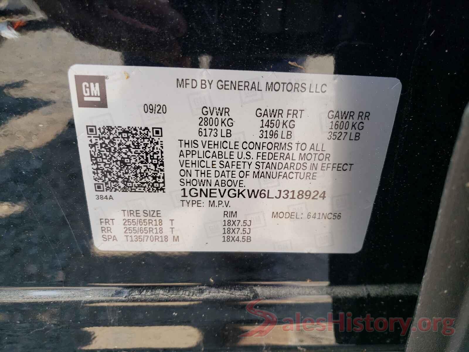 1GNEVGKW6LJ318924 2020 CHEVROLET TRAVERSE