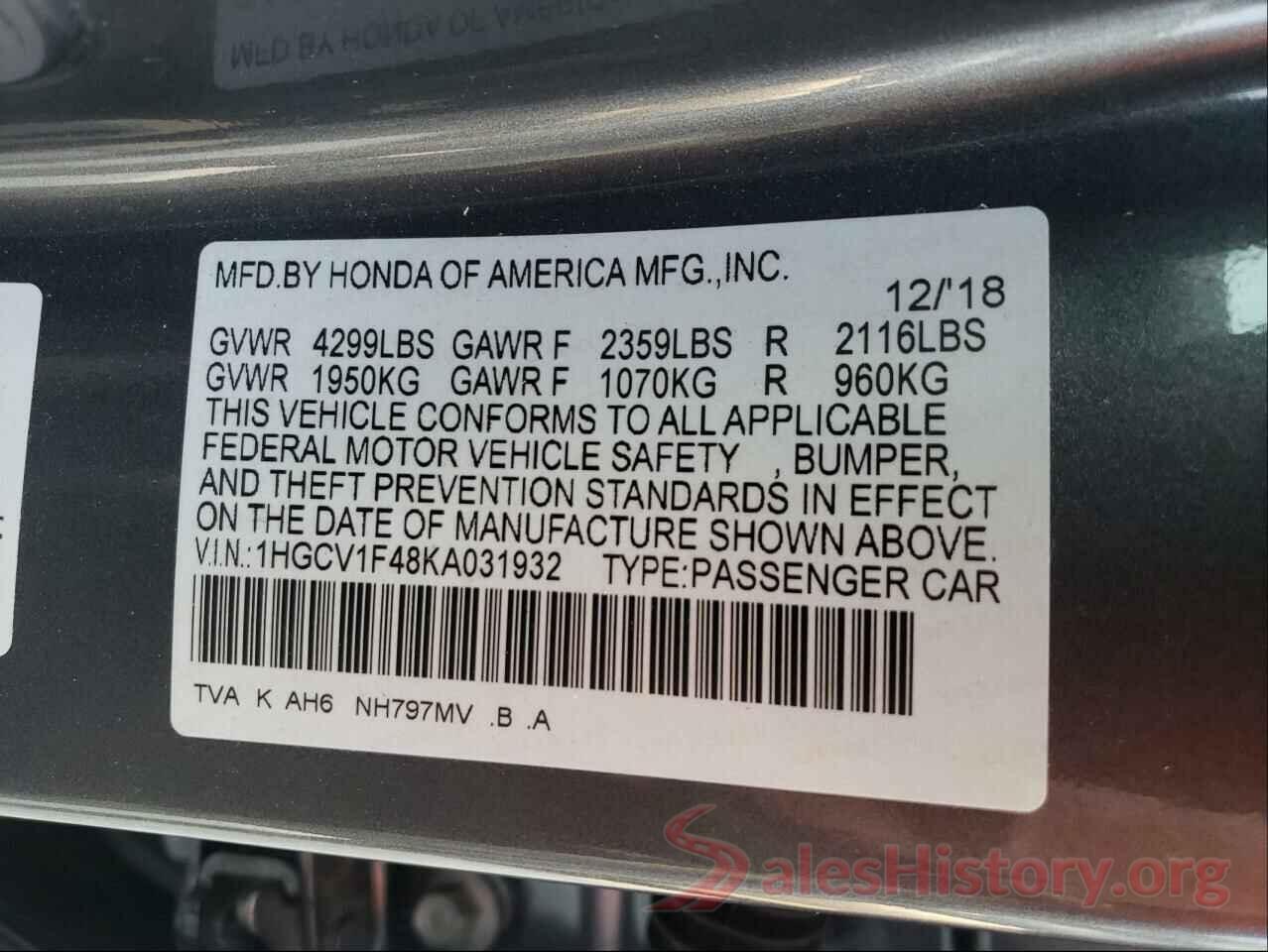 1HGCV1F48KA031932 2019 HONDA ACCORD