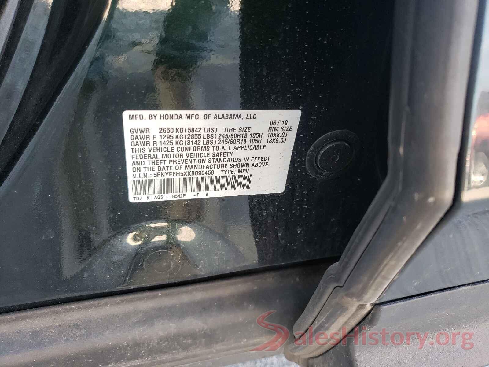 5FNYF6H5XKB090458 2019 HONDA PILOT