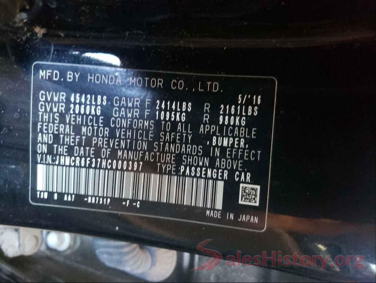 JHMCR6F37HC000397 2017 HONDA ACCORD