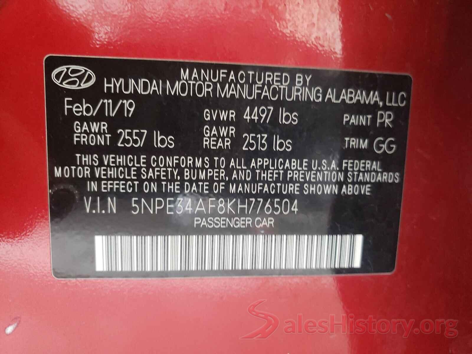 5NPE34AF8KH776504 2019 HYUNDAI SONATA