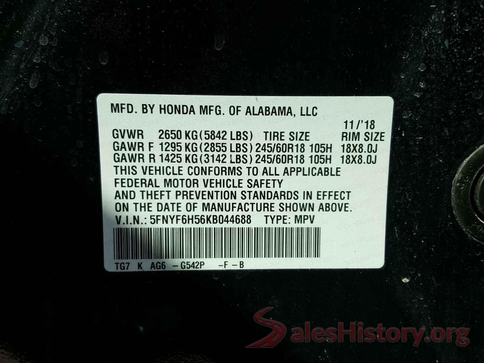 5FNYF6H56KB044688 2019 HONDA PILOT