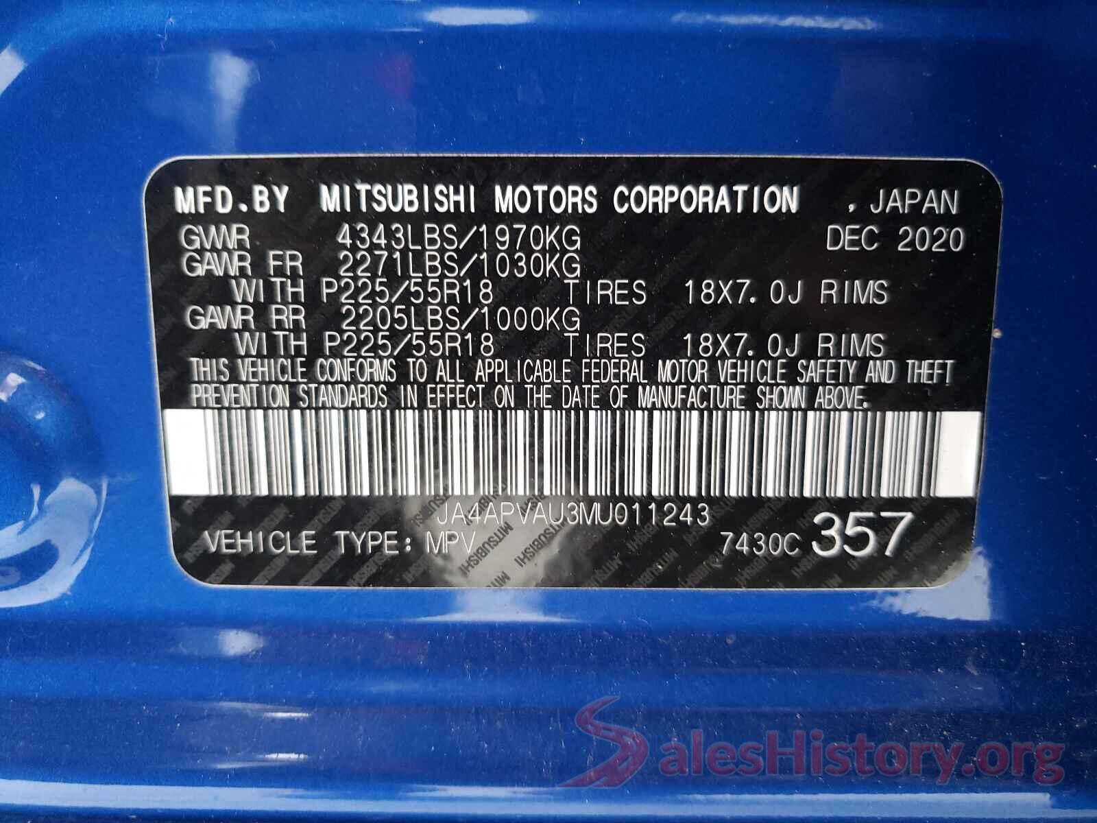 JA4APVAU3MU011243 2021 MITSUBISHI OUTLANDER