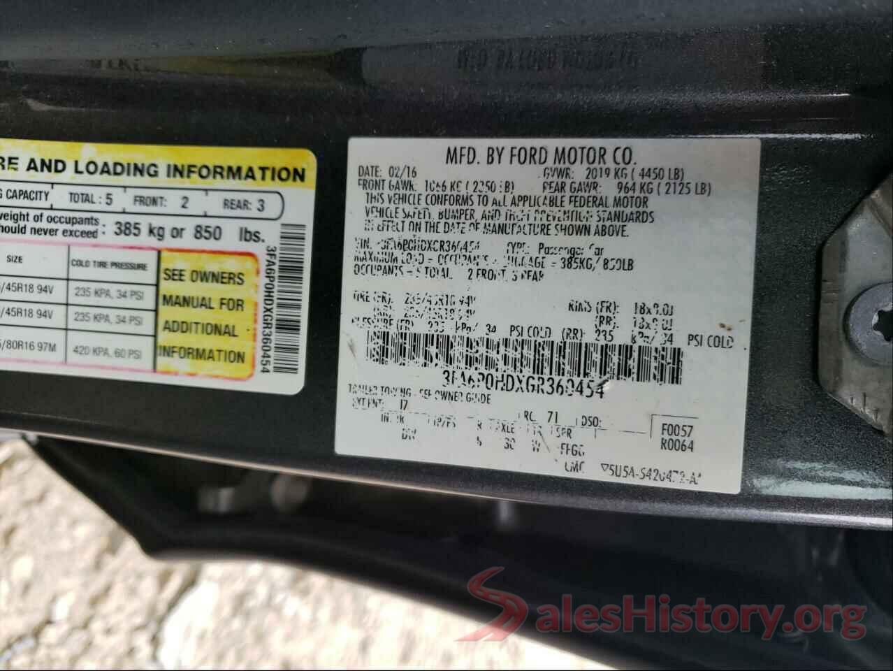 3FA6P0HDXGR360454 2016 FORD FUSION