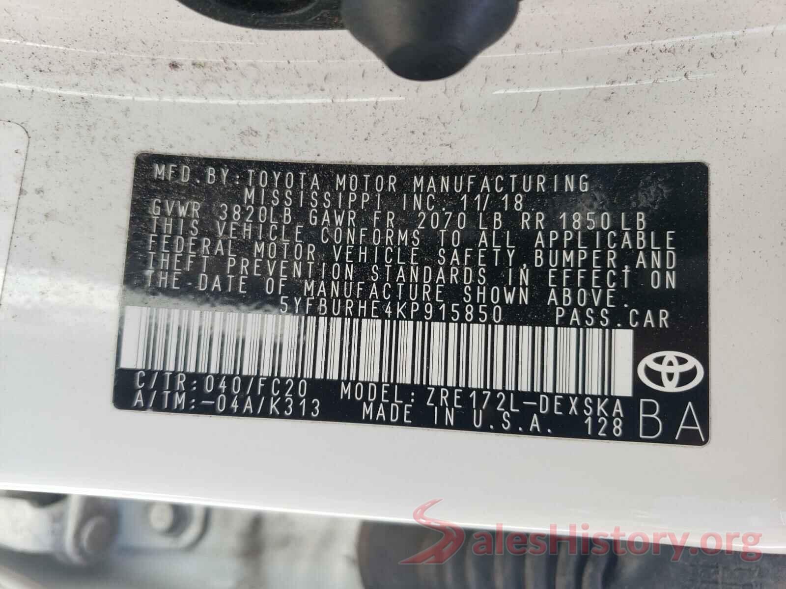 5YFBURHE4KP915850 2019 TOYOTA COROLLA