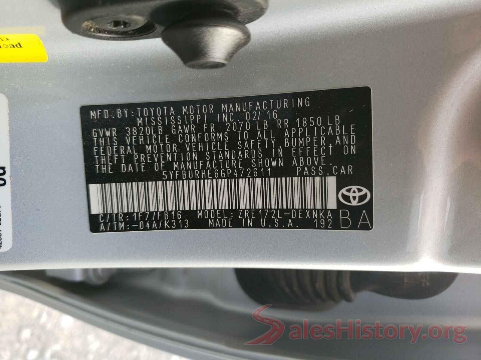 5YFBURHE6GP472611 2016 TOYOTA COROLLA