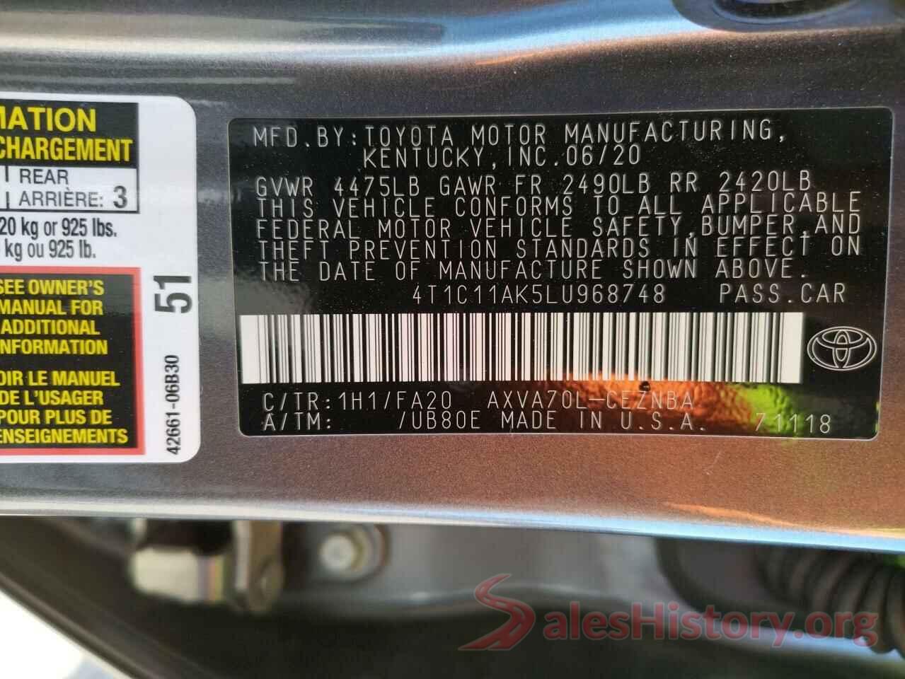 4T1C11AK5LU968748 2020 TOYOTA CAMRY